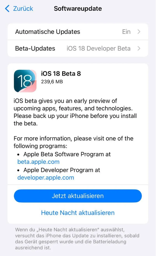 长征镇苹果手机维修分享苹果 iOS / iPadOS 18 开发者预览版 Beta 8 发布 